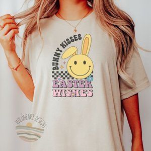 Bunny Kisses Easter Wishes T-shirt, Easter Shirt, Retro Easter Tee - Cream